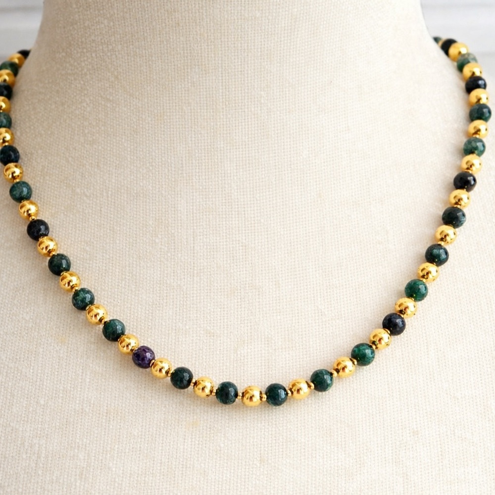 Gold Green Red Beaded Necklace by BELLEZZA stamped Italy